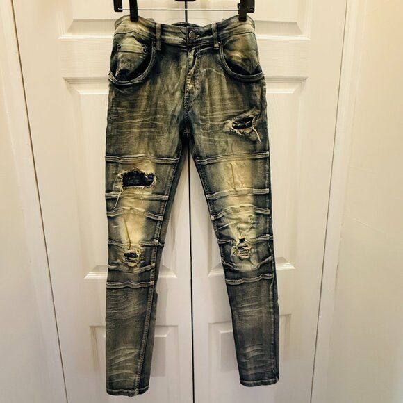 TAKER Blue Distressed Men's Jeans 30x32  (32 inseam/ 30 waist measured) stretch - Picture 8 of 15